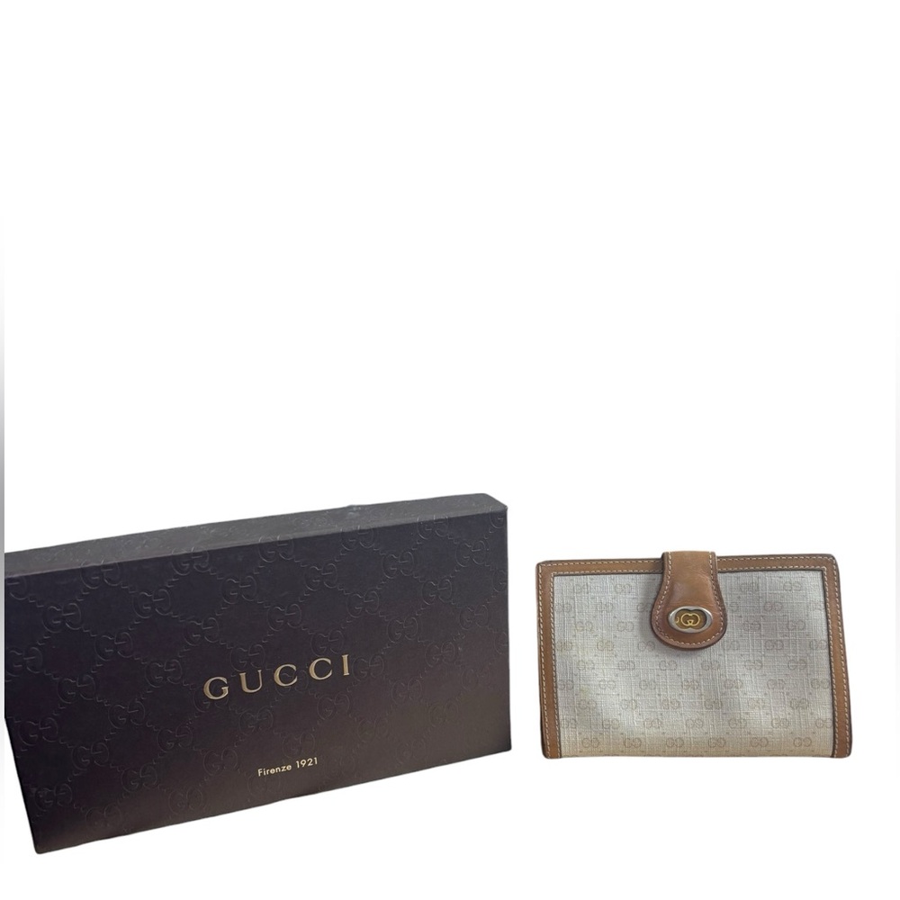 Gucci GG Monogram Snap Kiss Lock Wallet Tan Leather Trim Made in Italy Vintage
